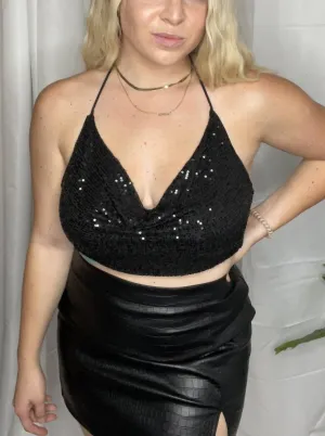 All Night Sequin Tie Top In Black
