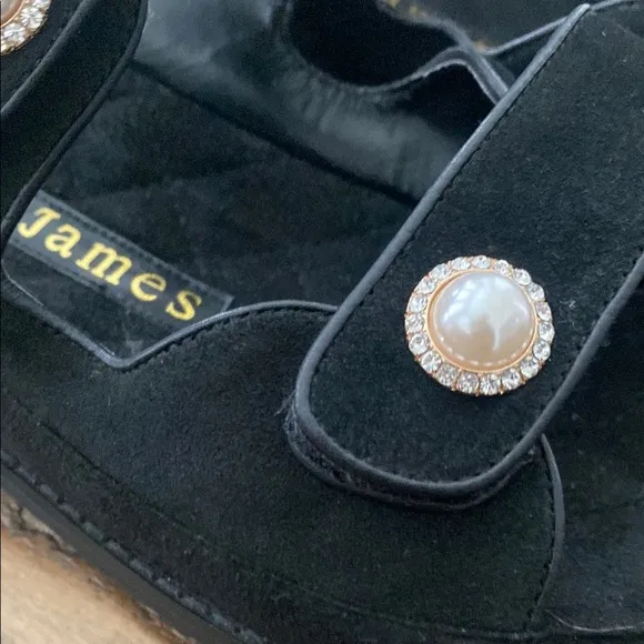 Allegra James Black Suede Dad Minimalist Pearl Rhinestone Button Sandals