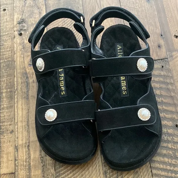 Allegra James Black Suede Dad Minimalist Pearl Rhinestone Button Sandals