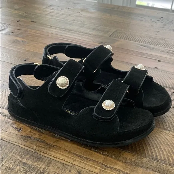Allegra James Black Suede Dad Minimalist Pearl Rhinestone Button Sandals