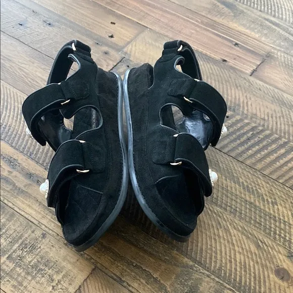 Allegra James Black Suede Dad Minimalist Pearl Rhinestone Button Sandals