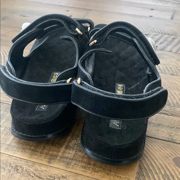 Allegra James Black Suede Dad Minimalist Pearl Rhinestone Button Sandals