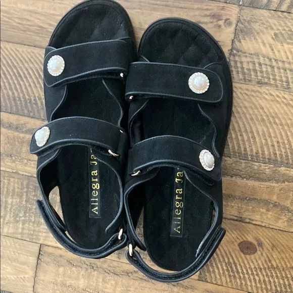 Allegra James Black Suede Dad Minimalist Pearl Rhinestone Button Sandals