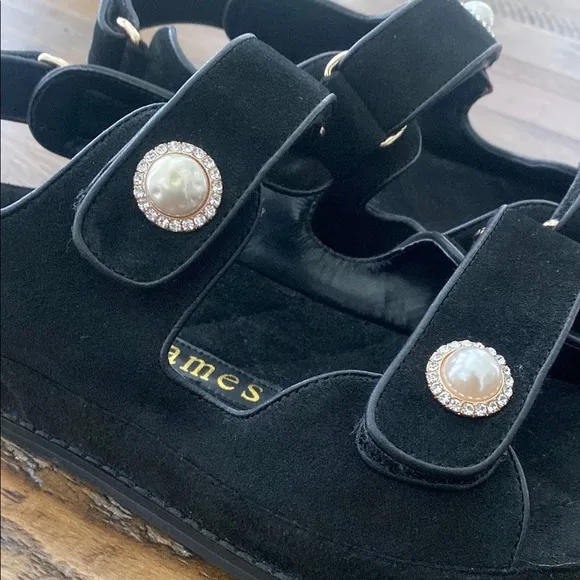 Allegra James Black Suede Dad Minimalist Pearl Rhinestone Button Sandals