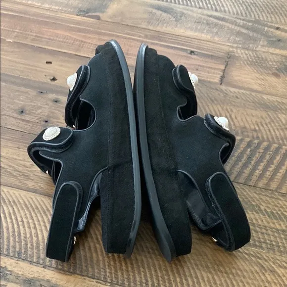 Allegra James Black Suede Dad Minimalist Pearl Rhinestone Button Sandals