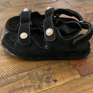 Allegra James Black Suede Dad Minimalist Pearl Rhinestone Button Sandals