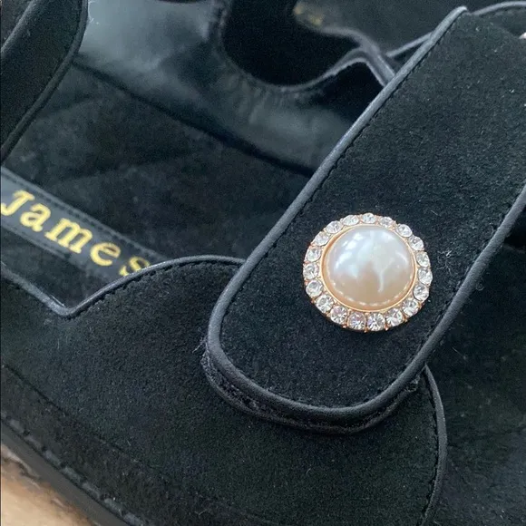 Allegra James Black Suede Dad Minimalist Pearl Rhinestone Button Sandals