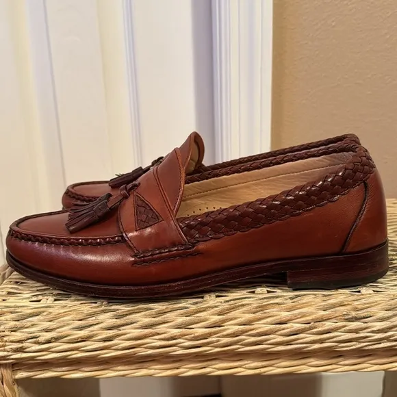 Allen Edmonds Maxfield Braided Tassel Loafers in Two-Tone Brown Leather sz 8