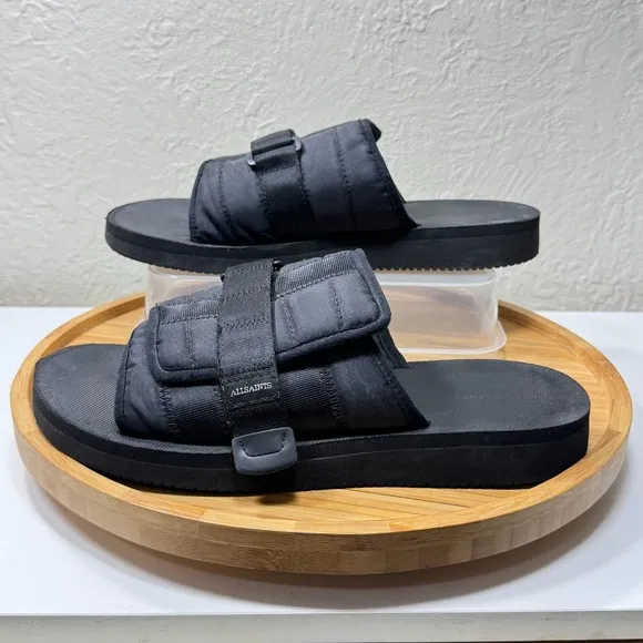 AllSaints Coleman Slip On Sandals Slides Mens 42 US 8.5 Quilted Logo Black Flats