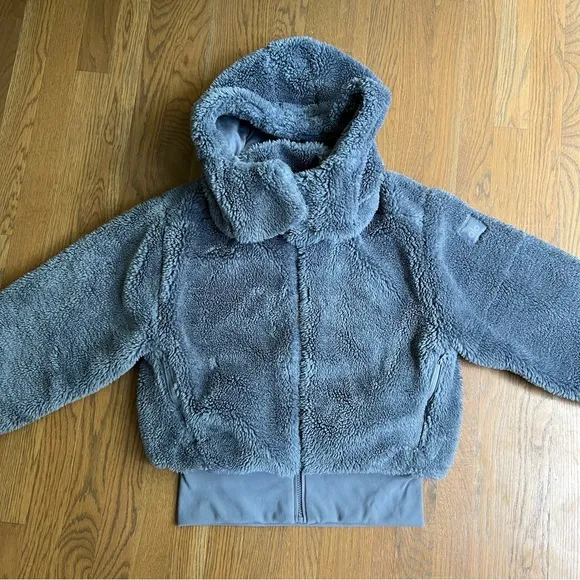 ALO YOGA Foxy Sherpa Cropped Hooded Fleece Teddy Jacket Steel Blue Small