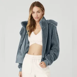 ALO YOGA Foxy Sherpa Cropped Hooded Fleece Teddy Jacket Steel Blue Small