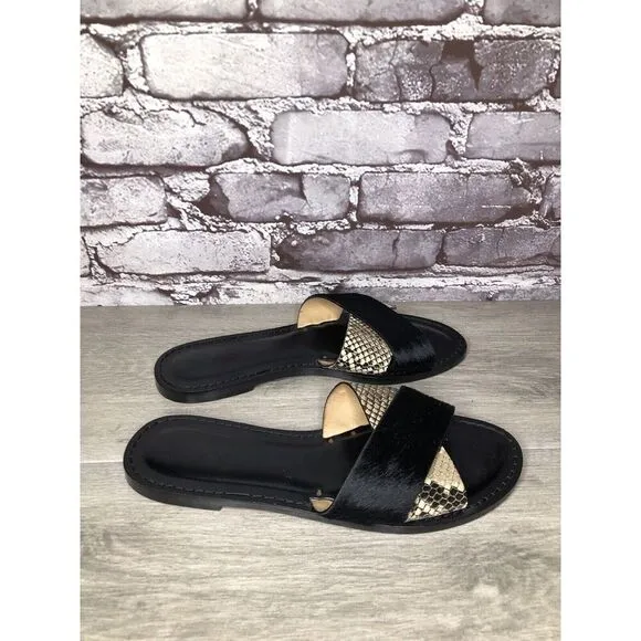 Amanu Black Calf Hair Leather Python Cross Strap Slides Sandals Women 9M US/40EU
