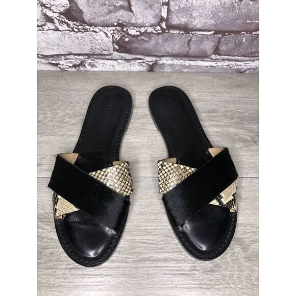 Amanu Black Calf Hair Leather Python Cross Strap Slides Sandals Women 9M US/40EU