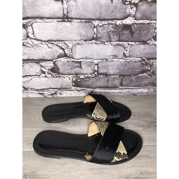Amanu Black Calf Hair Leather Python Cross Strap Slides Sandals Women 9M US/40EU