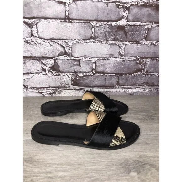 Amanu Black Calf Hair Leather Python Cross Strap Slides Sandals Women 9M US/40EU