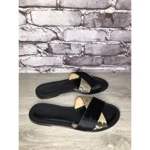 Amanu Black Calf Hair Leather Python Cross Strap Slides Sandals Women 9M US/40EU