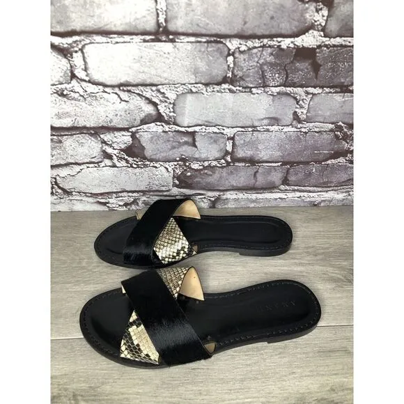 Amanu Black Calf Hair Leather Python Cross Strap Slides Sandals Women 9M US/40EU