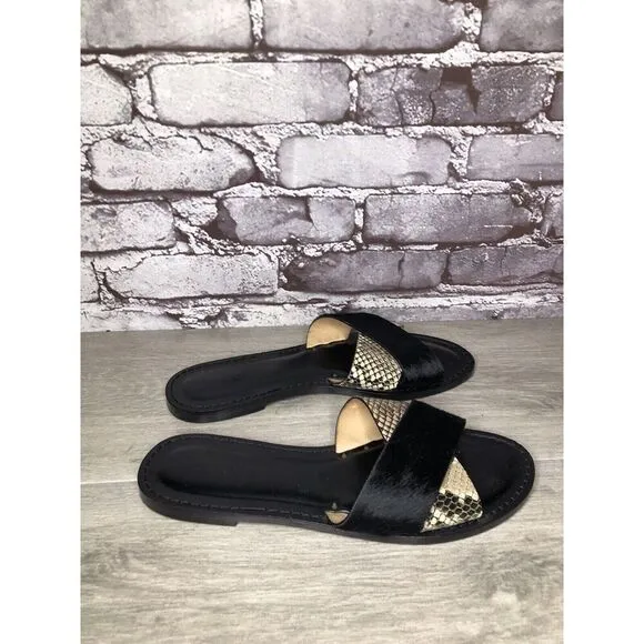 Amanu Black Calf Hair Leather Python Cross Strap Slides Sandals Women 9M US/40EU