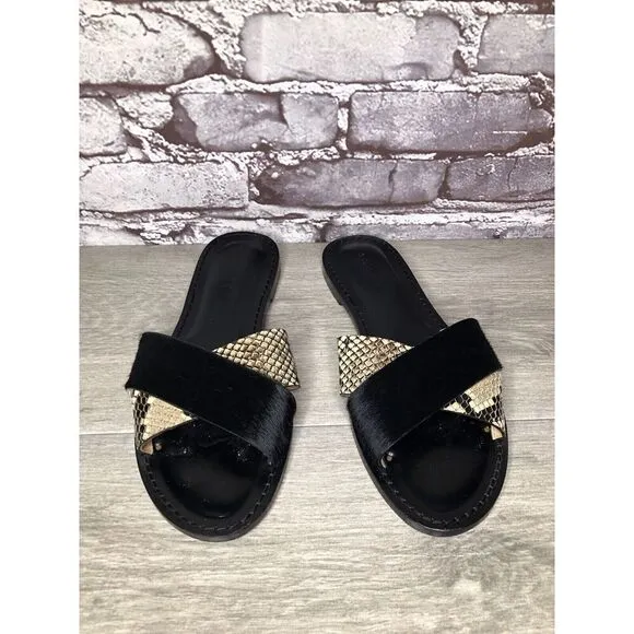Amanu Black Calf Hair Leather Python Cross Strap Slides Sandals Women 9M US/40EU