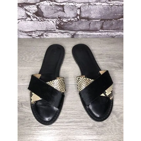 Amanu Black Calf Hair Leather Python Cross Strap Slides Sandals Women 9M US/40EU