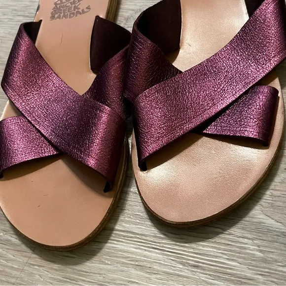 Ancient Greek Sandals Thais Purple  Metallic Leather Slide  Criss Cross 41 9.5