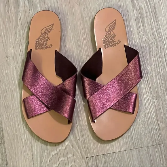 Ancient Greek Sandals Thais Purple  Metallic Leather Slide  Criss Cross 41 9.5