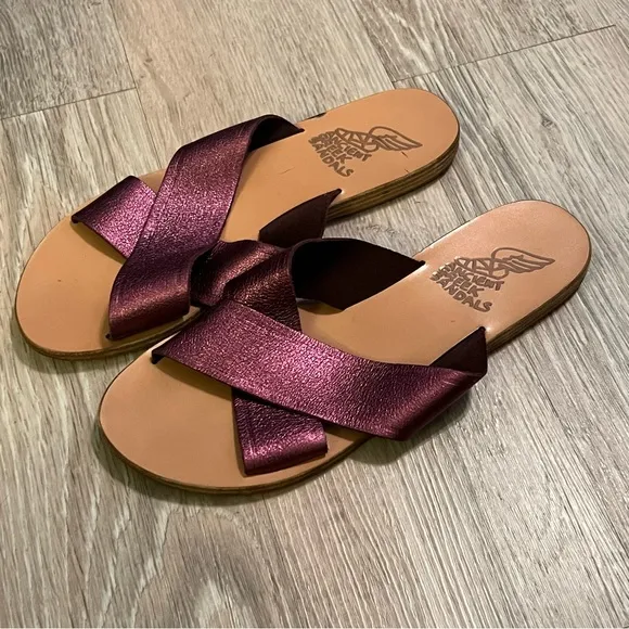 Ancient Greek Sandals Thais Purple  Metallic Leather Slide  Criss Cross 41 9.5