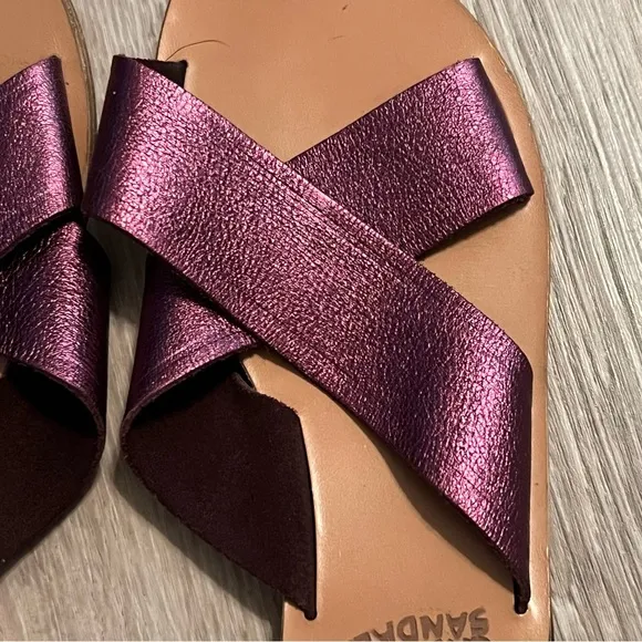Ancient Greek Sandals Thais Purple  Metallic Leather Slide  Criss Cross 41 9.5