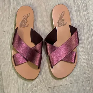Ancient Greek Sandals Thais Purple  Metallic Leather Slide  Criss Cross 41 9.5