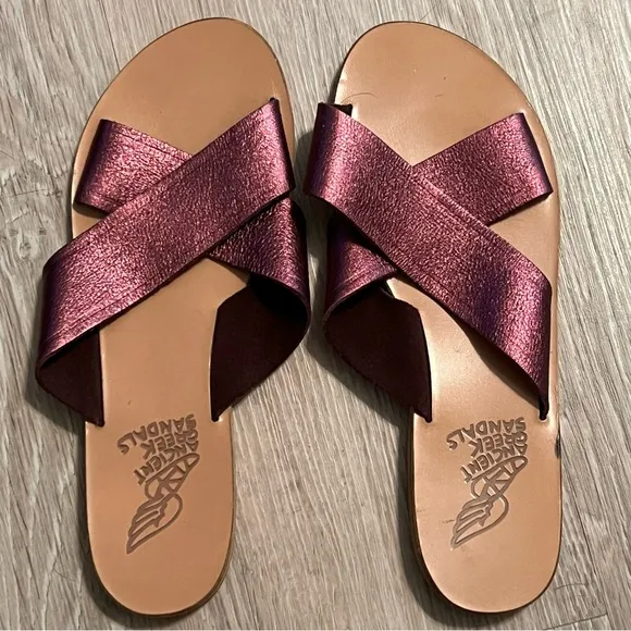 Ancient Greek Sandals Thais Purple  Metallic Leather Slide  Criss Cross 41 9.5
