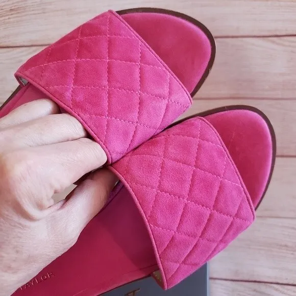 Ann Taylor Lyra Suede Quilted Slide Open Toe Sandals Pink Women's Size 7.5
