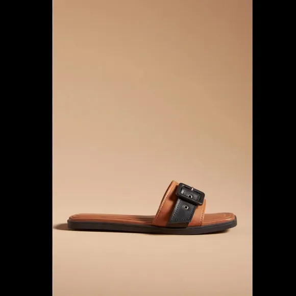 Anthropologie Genuine Leather Buckle Slide Sandals