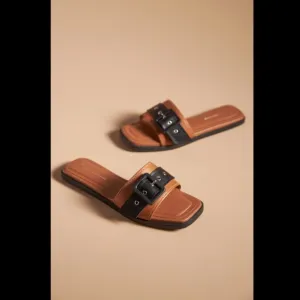 Anthropologie Genuine Leather Buckle Slide Sandals