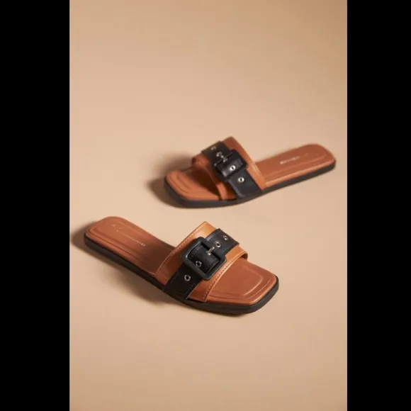 Anthropologie Genuine Leather Buckle Slide Sandals