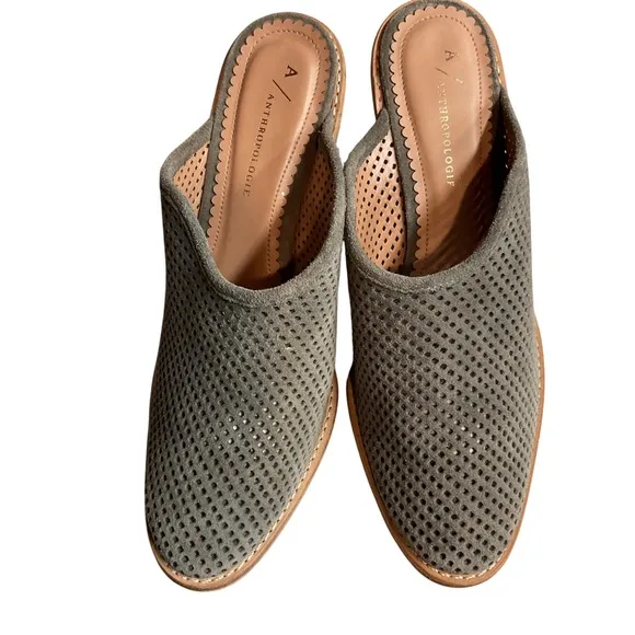 Anthropologie Women's Blaire Mules Size 7.5M Gray Perforated Suede Slip On