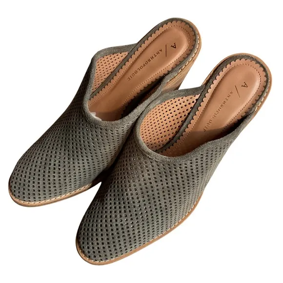 Anthropologie Women's Blaire Mules Size 7.5M Gray Perforated Suede Slip On