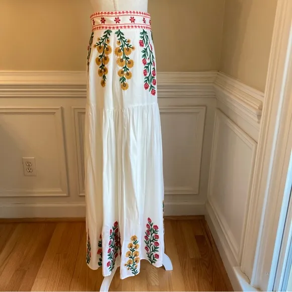 ANTONIO MELANI Nicci White Pink Yellow Floral Print Embroidered Midi Maxi Skirt