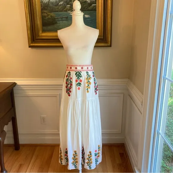 ANTONIO MELANI Nicci White Pink Yellow Floral Print Embroidered Midi Maxi Skirt