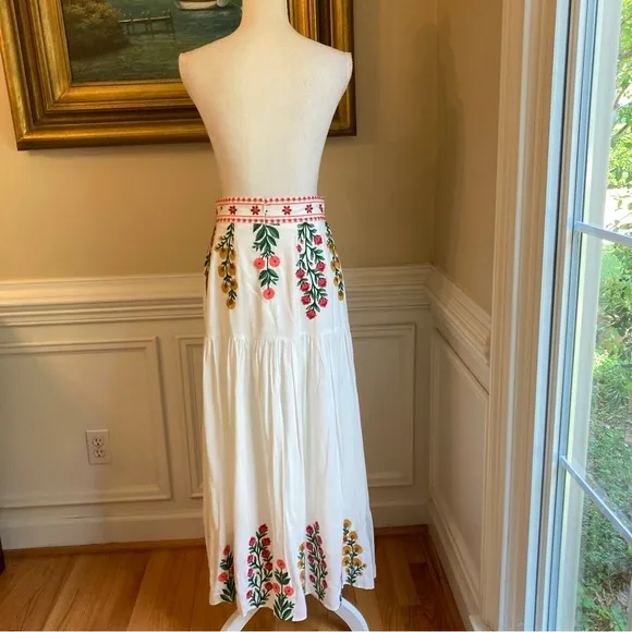 ANTONIO MELANI Nicci White Pink Yellow Floral Print Embroidered Midi Maxi Skirt