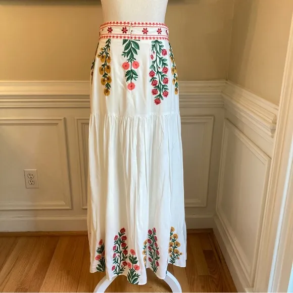 ANTONIO MELANI Nicci White Pink Yellow Floral Print Embroidered Midi Maxi Skirt