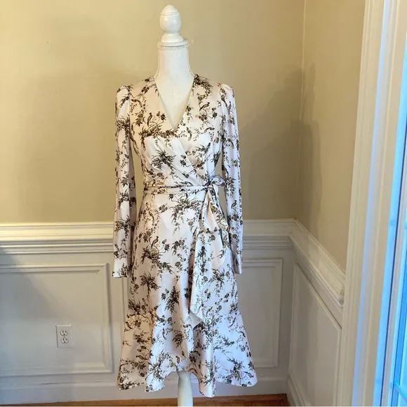 ANTONIO MELANI Shira Cream Taupe Brown Tone Floral Bird Animal Print Wrap Dress
