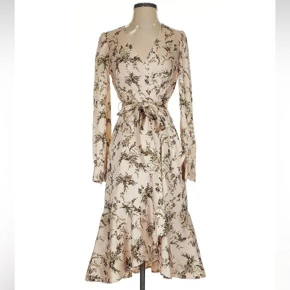 ANTONIO MELANI Shira Cream Taupe Brown Tone Floral Bird Animal Print Wrap Dress