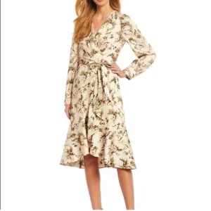 ANTONIO MELANI Shira Cream Taupe Brown Tone Floral Bird Animal Print Wrap Dress