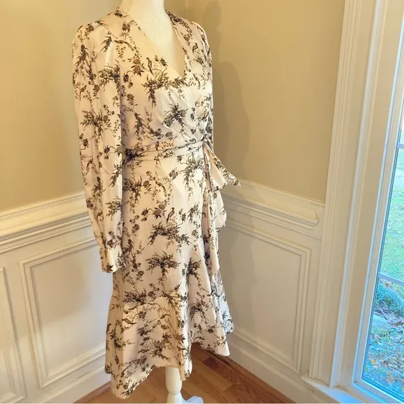 ANTONIO MELANI Shira Cream Taupe Brown Tone Floral Bird Animal Print Wrap Dress
