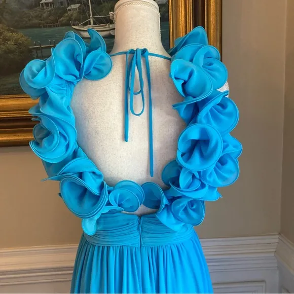 ANTONIO MELANI Turquoise Blue Ruffle Cut Out Maxi Dress