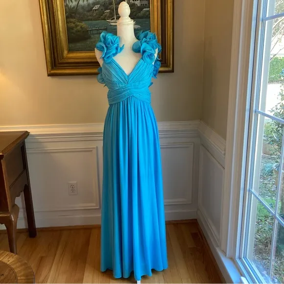 ANTONIO MELANI Turquoise Blue Ruffle Cut Out Maxi Dress