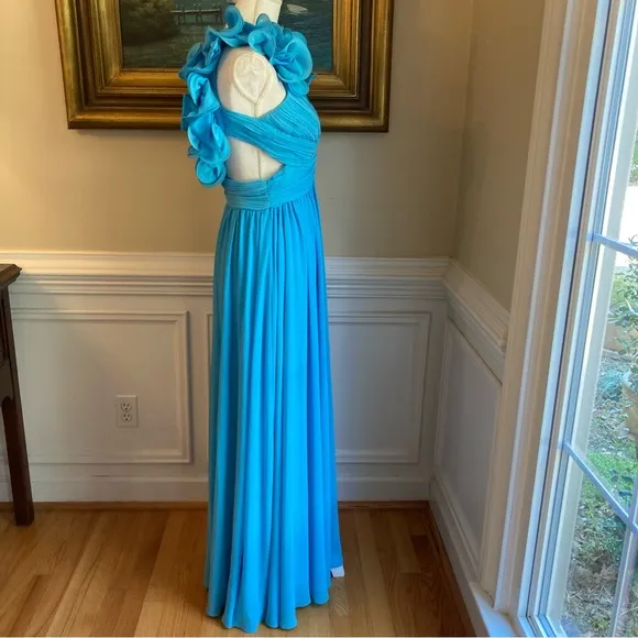 ANTONIO MELANI Turquoise Blue Ruffle Cut Out Maxi Dress