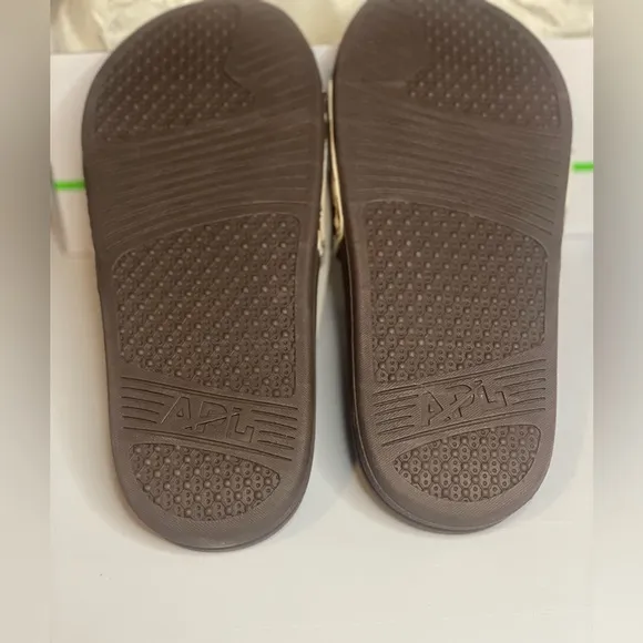 APL Women’s Iconic Slide, Brown, Cream, Cow Slide Sandals, size 5