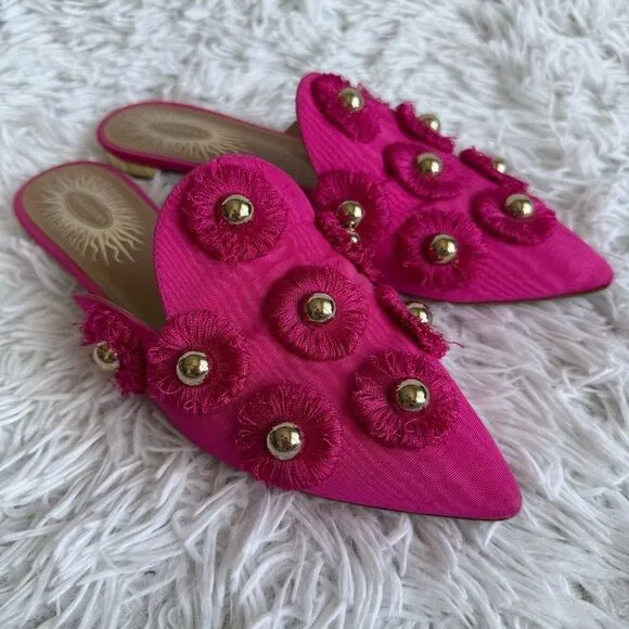 Aquazurra Pink Satin Sunflower Studded Embellished Mules Size 36