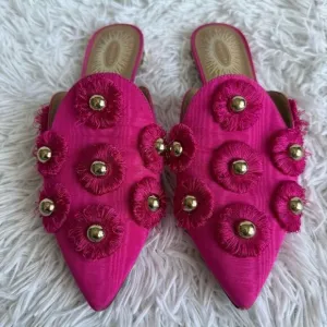 Aquazurra Pink Satin Sunflower Studded Embellished Mules Size 36
